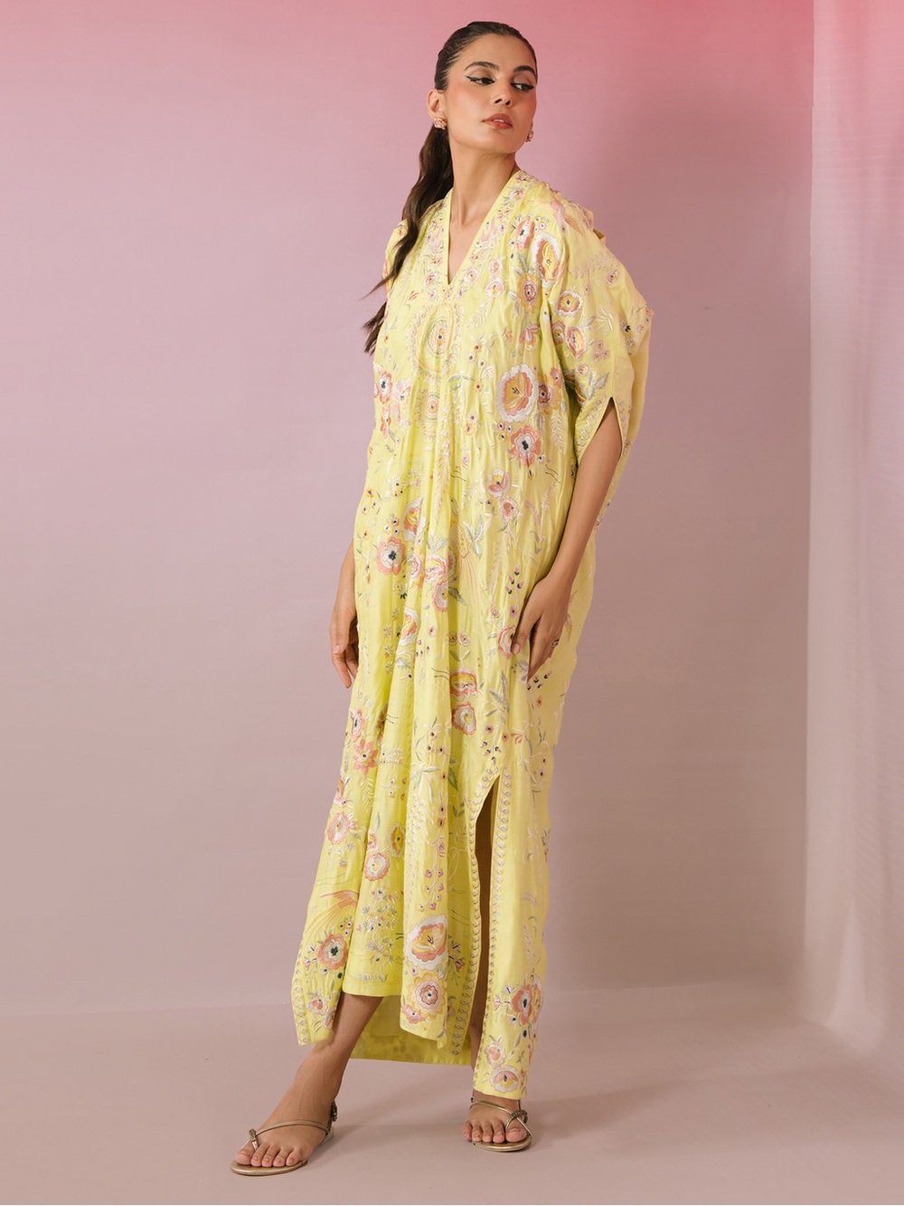 Misha Lakhani Butter Yellow Embroidered Khadi Silk Kaftan OS NWOT